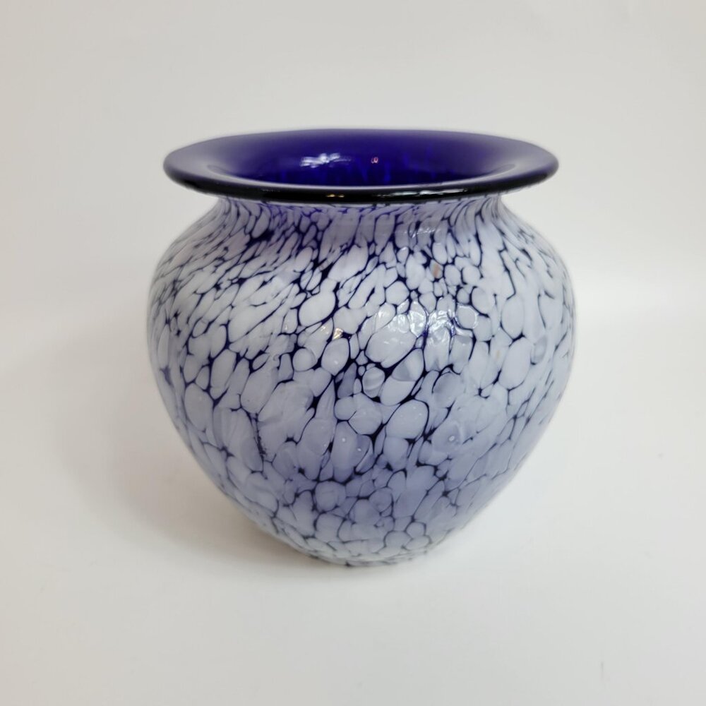 Vintage Cobalt Blue Art Glass Craquell Arboresque Crackle Vase Hand Blown Poland